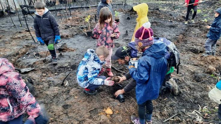 Berango-Merana eskolako ikasle eta gurasoak mendian auzolanean