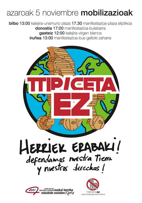 ELA eta LABek bat egiten dugu, azaroaren 5eko TTIP/CETA itunen aurkako Bilboko mobilizazioarekin