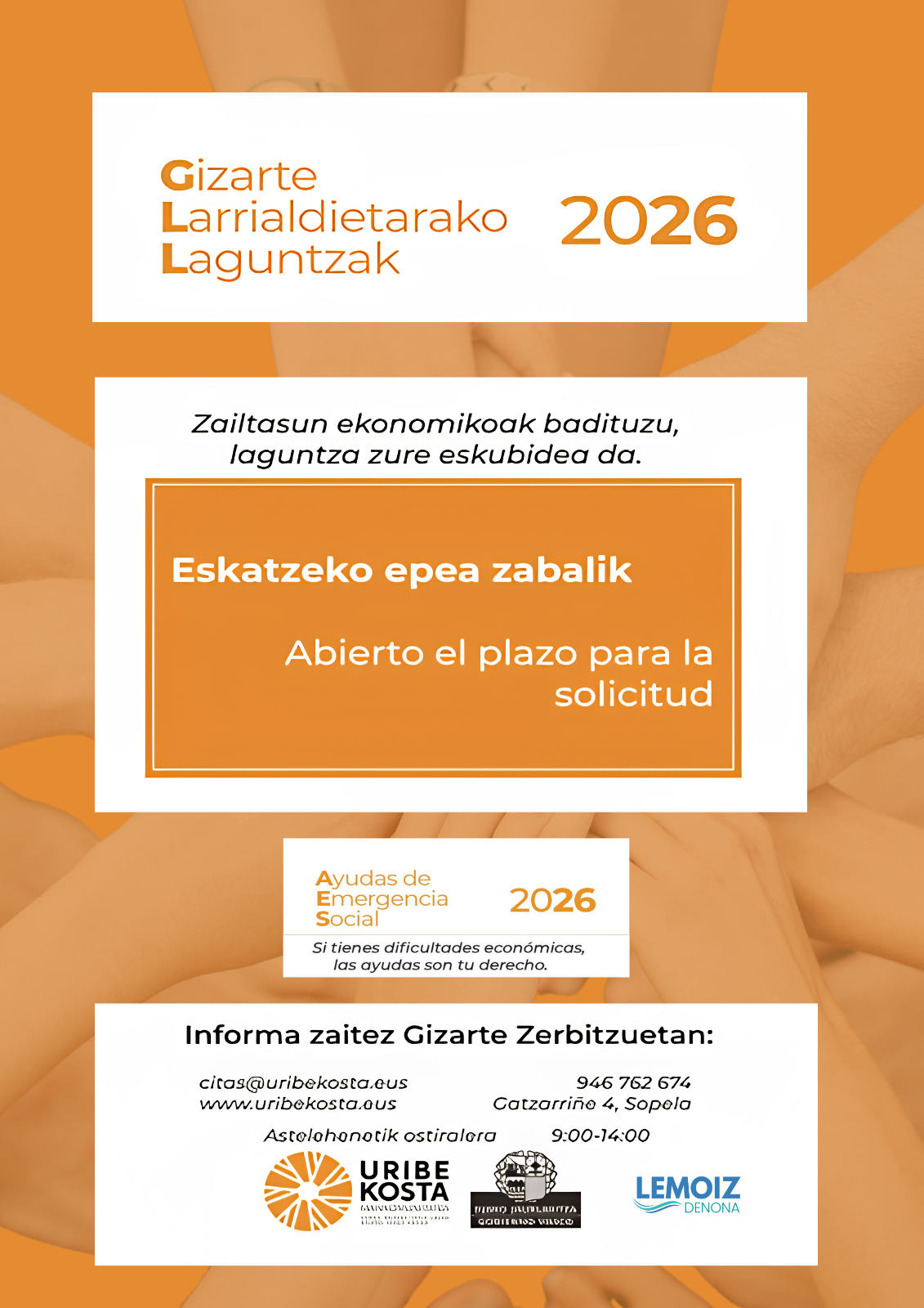 Uribe Kostako Mankomunitatean 2026ko Gizarte-Larrialdietarako laguntzak eskatzeko epea zabalik