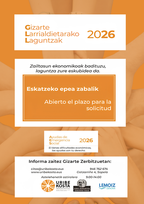 Uribe Kostako Mankomunitatean 2026ko Gizarte-Larrialdietarako laguntzak eskatzeko epea zabalik