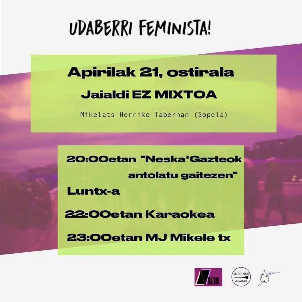 Jaialdi ez Mixtoa egingo dute gaur Sopelan, Uribe Kostako udaberri feminista ekimenaren barruan
