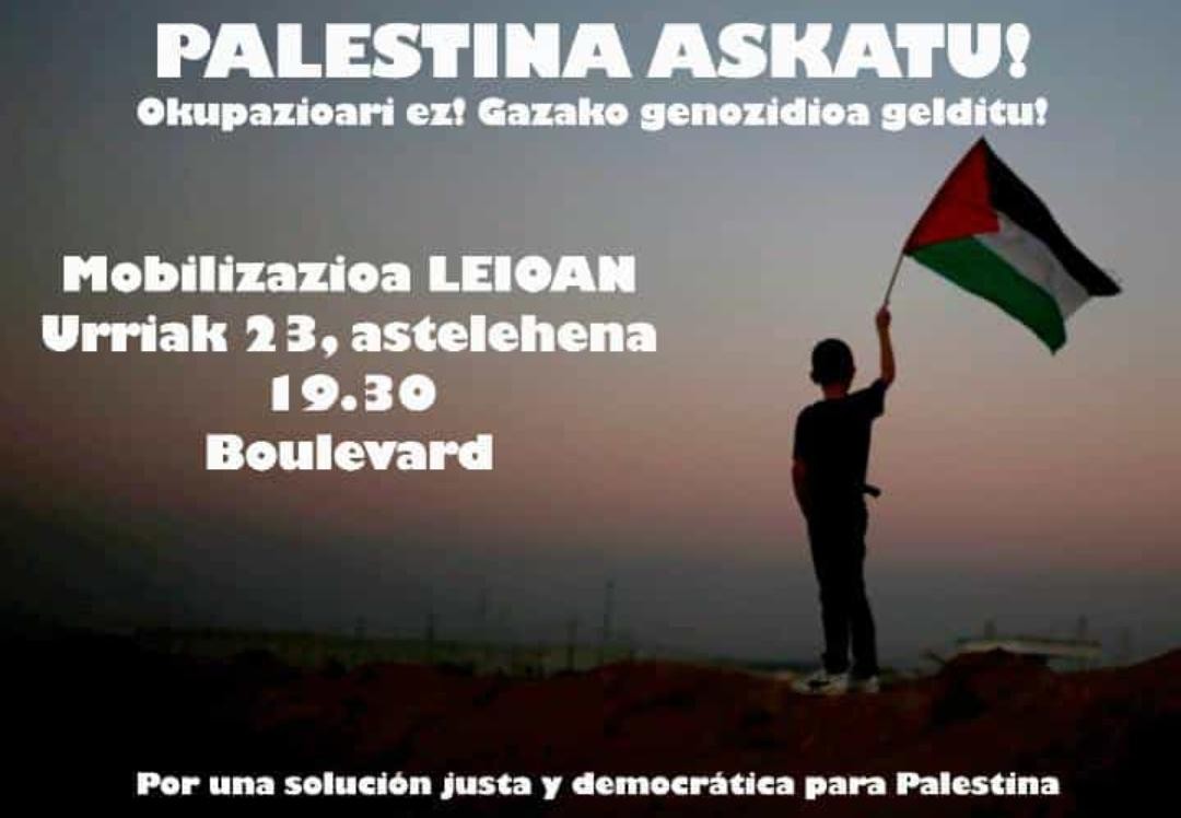 Palestinari elkartasuna adierazteko elkarretaratzea egingo dute Leioan astelehenean