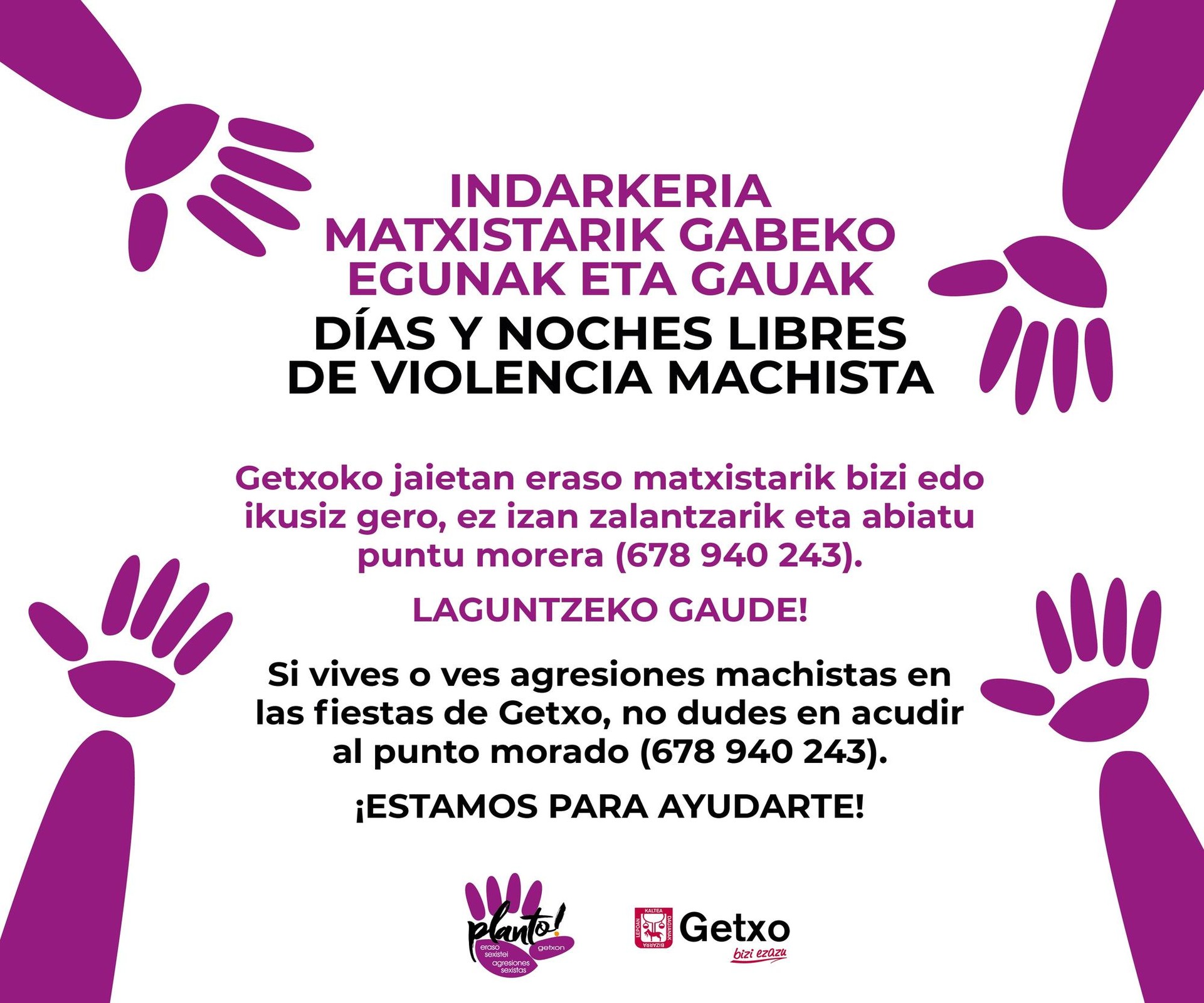 Eraso matxisten aurrean arreta zuzena emateko gune moreak ahalbidetuko ditu Getxoko Udalak jai jendetsuenetan