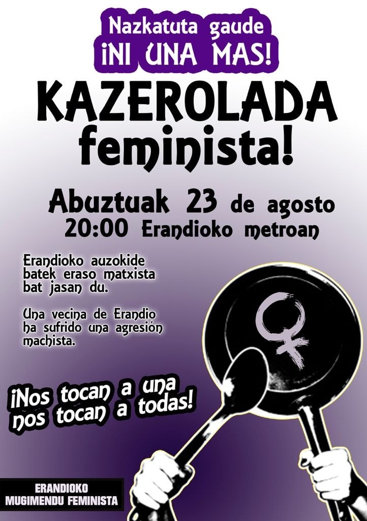 Zapatuan Erandion jazotako eraso matxista salatzeko "kazerolada feminista" egingo dute gaur