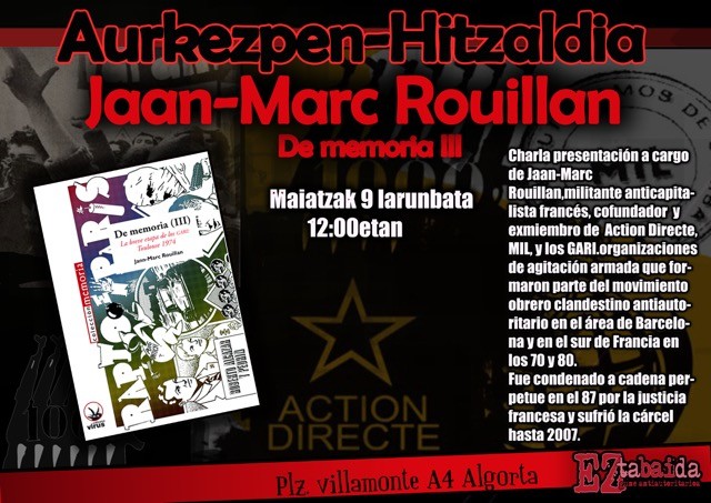 Jean-Marc Rouillan militante frantsesak "De memoria III" liburua aurkeztuko du bihar Eztabaida Gunean