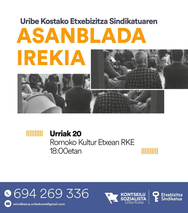 Uribe Kostako Etxebizitza Sindikatuak asanblada irekia egingo du Romoko Kultur Etxean