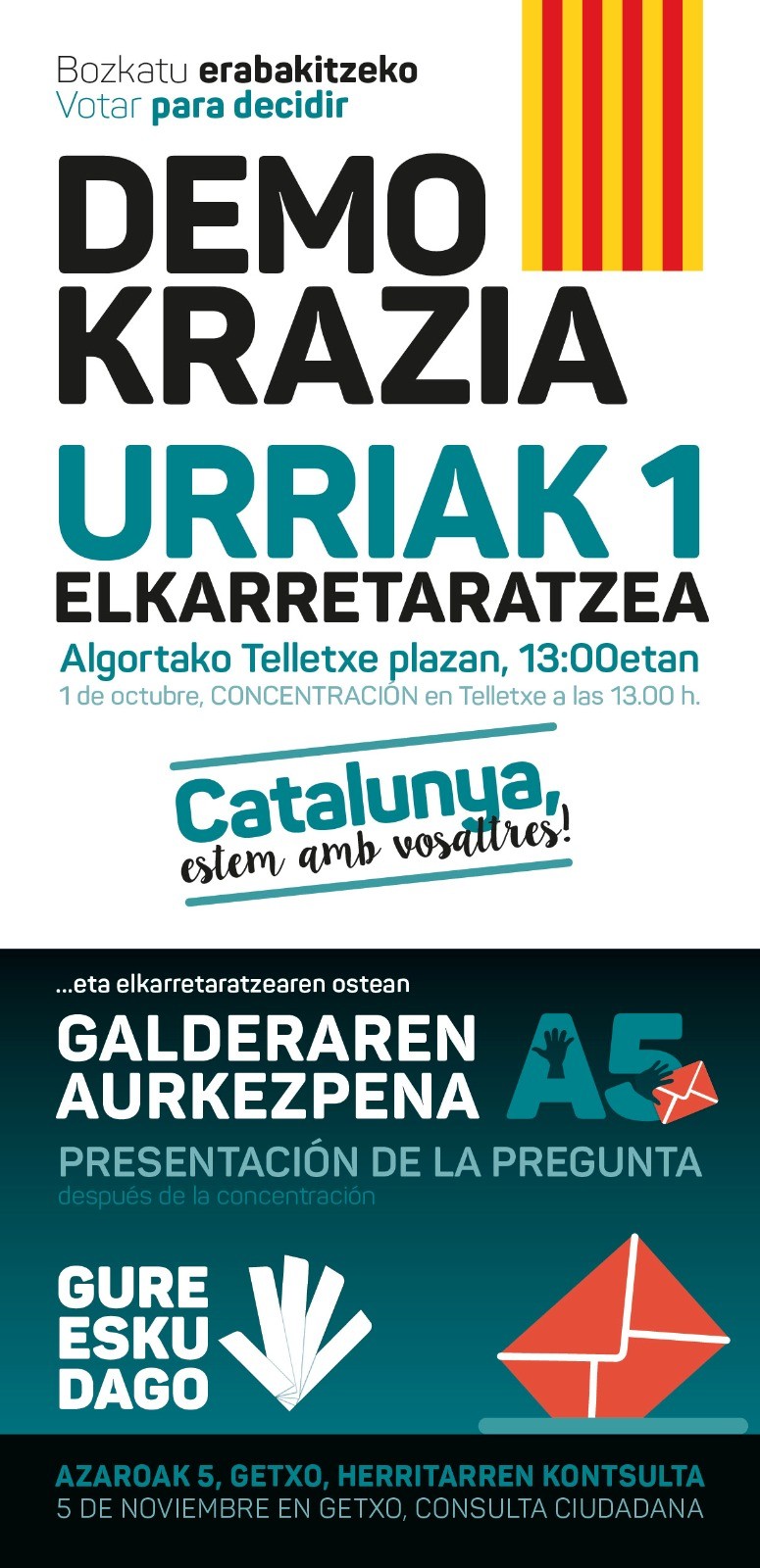 Kataluniari elkartasuna adierazteko eta A5eko galdera aurkezteko elkarretaratzea egingo dute domekan