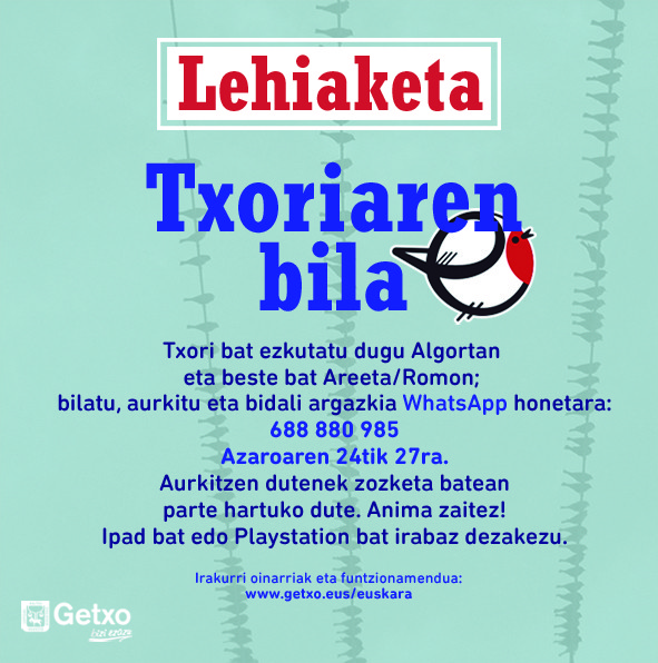 "Txoriaren bila" lehiaketa abiatuko du datorren astean Getxoko Udalak